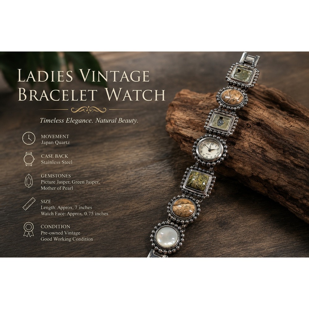 Vintage Mixed Stone Panel Bracelet Watch Silver Tone Japanโ Quartz Boho Style